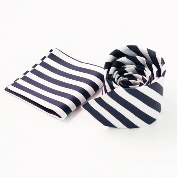 Blue & White Striped Tie with Pocket Square - Pak flow