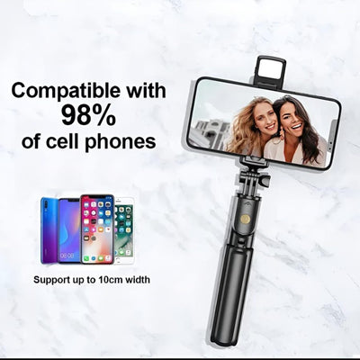 R1s Bluetooth Selfie Stick Tripod with Remote Control | 360° Foldable Selfie Rod for Phone & Action Camera with LED Light - Pak flow