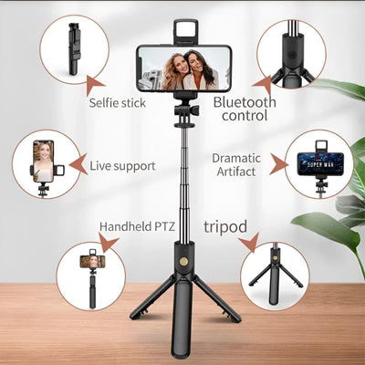 R1s Bluetooth Selfie Stick Tripod with Remote Control | 360° Foldable Selfie Rod for Phone & Action Camera with LED Light - Pak flow