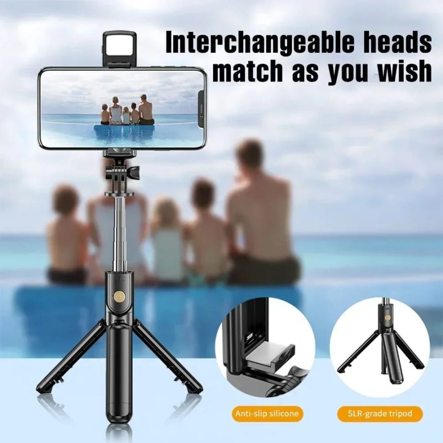 R1s Bluetooth Selfie Stick Tripod with Remote Control | 360° Foldable Selfie Rod for Phone & Action Camera with LED Light - Pak flow