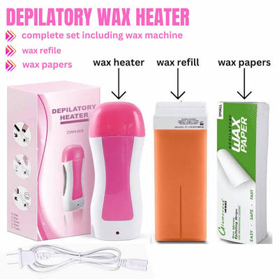 3-in-1 Wax Heater Machine for Hair Removal | Wax Heater Machine + Wax Cartrdige + Wax Strips | Portable Cartridge Wax Warmer with Epilators - Pak flow