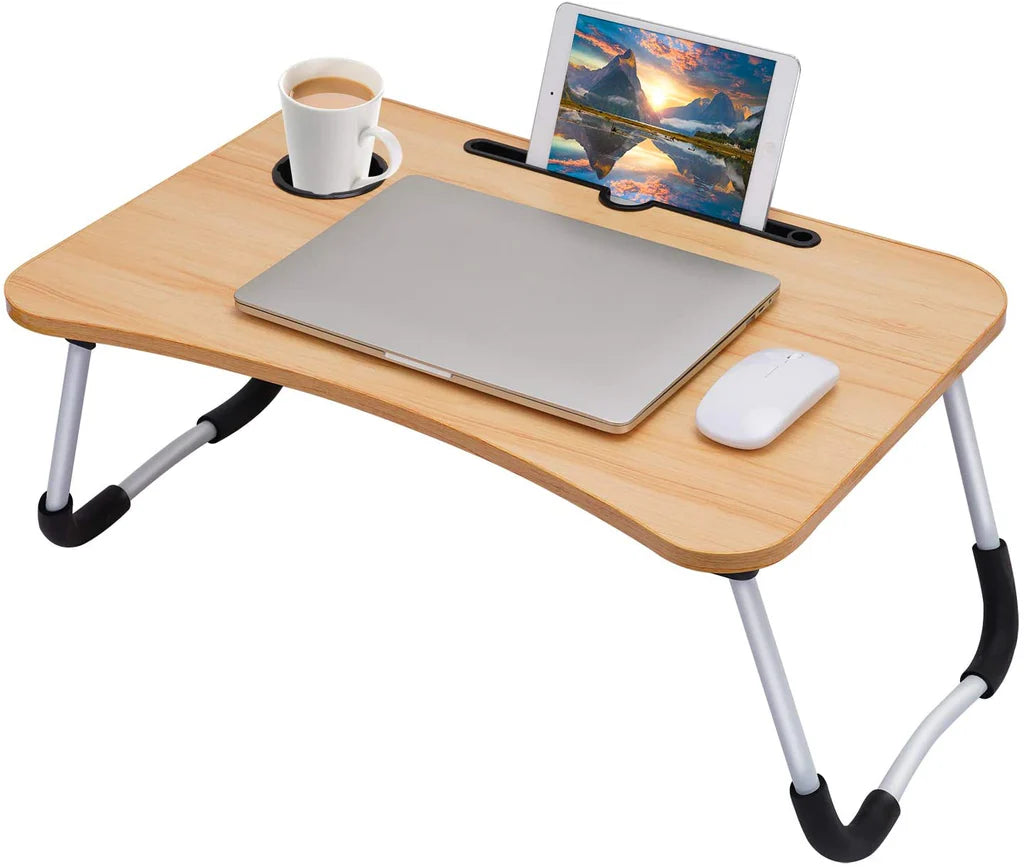 Laptop Table | Beige Color | Foldable Legs, Tablet Groove & Cup Slot | Perfect for Working, Reading, Writing, and Eating - Pak flow