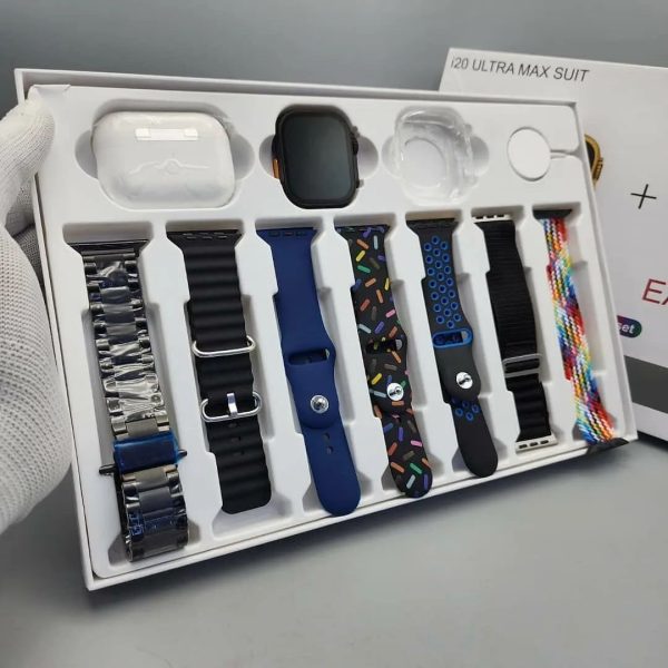 i20 Ultra Max Suit Smartwatch & Earbuds Combo – 10-in-1 Set with 7 Straps| Rand - Pak flow