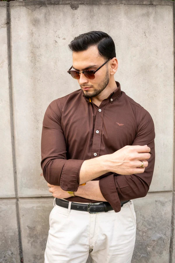 Coffee Brown Logo Embroidered Oxford Shirt | Medium | Large | Extra Large - Pak flow