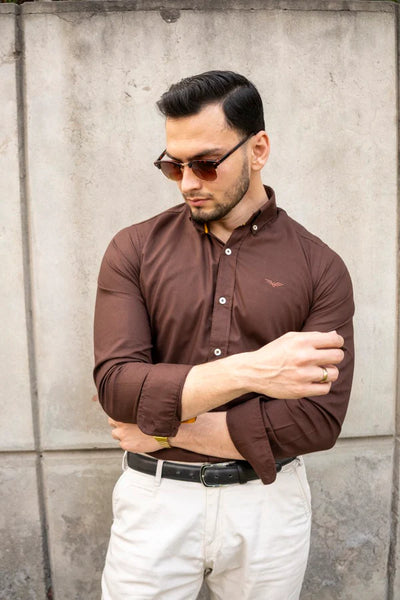 Coffee Brown Logo Embroidered Oxford Shirt | Medium | Large | Extra Large - Pak flow